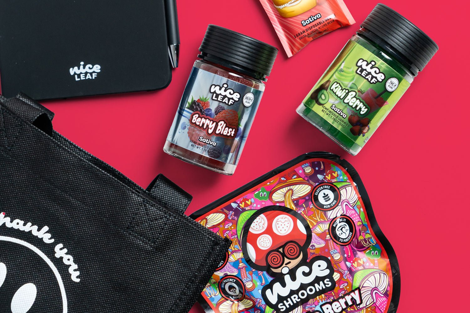 assorted thc gummies and magic mushroom gummies displayed on a red background