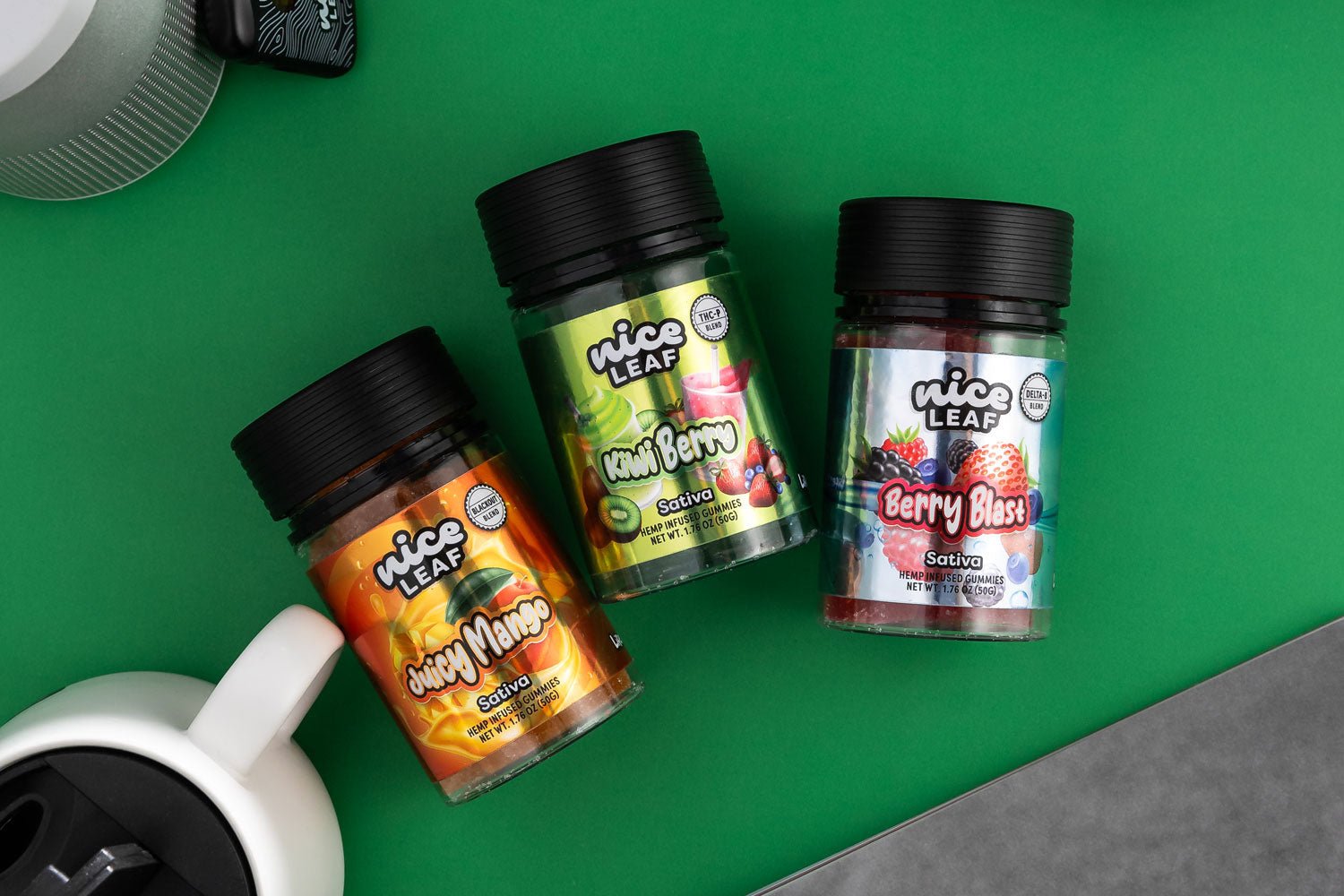 sativa thc gummies displayed on a green background