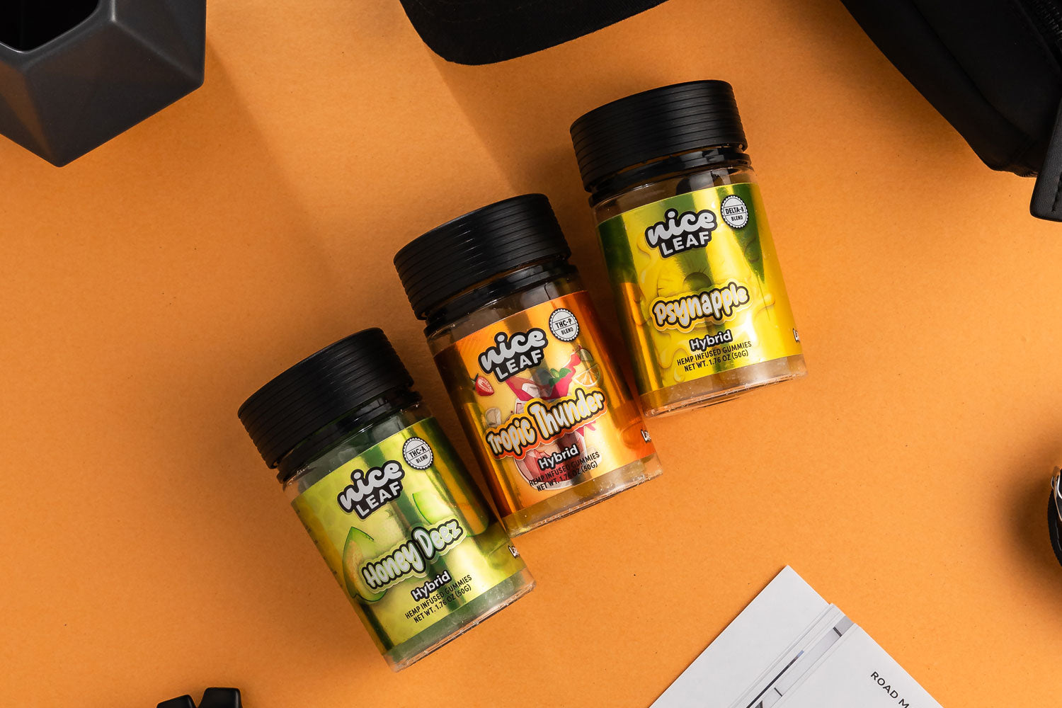 assorted nice leaf gummies on an orange background