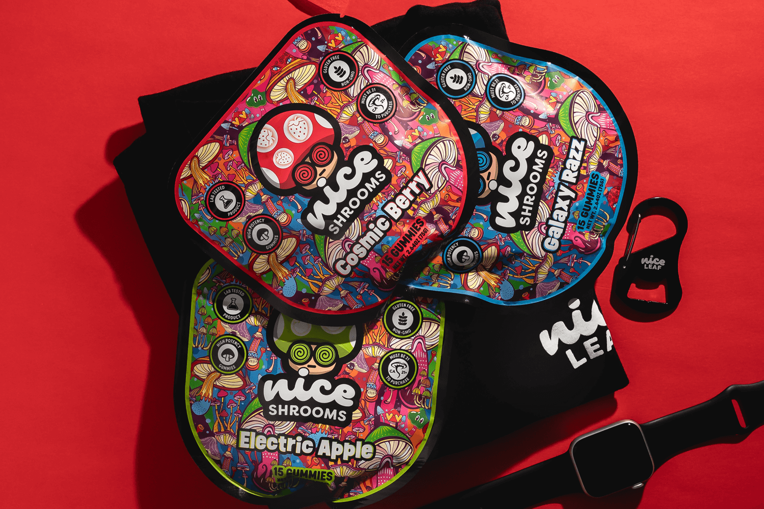 assorted magic mushroom gummies displayed on a red background