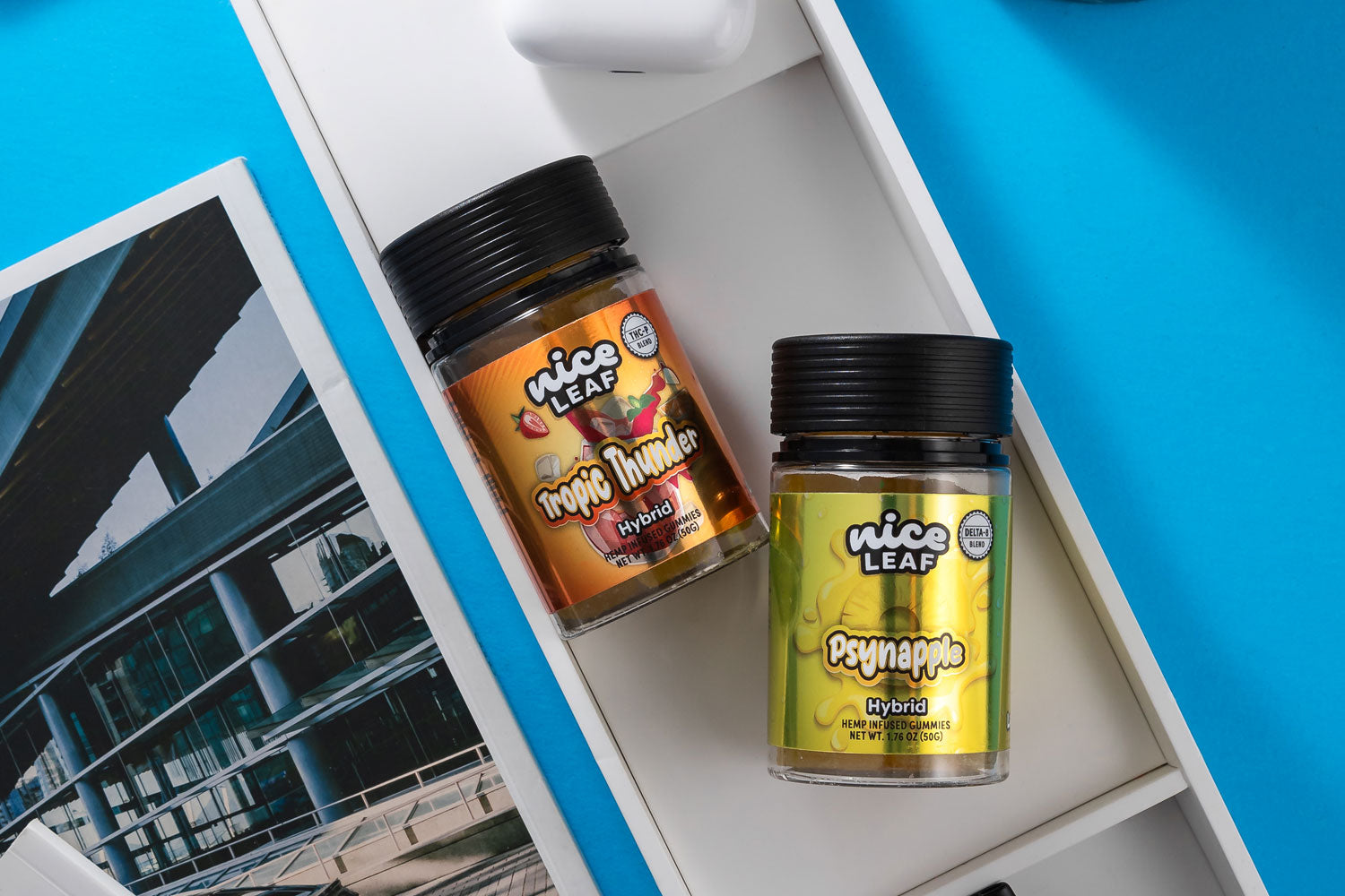 Tropic Thunder and Psynapple Gummies on a shelf.