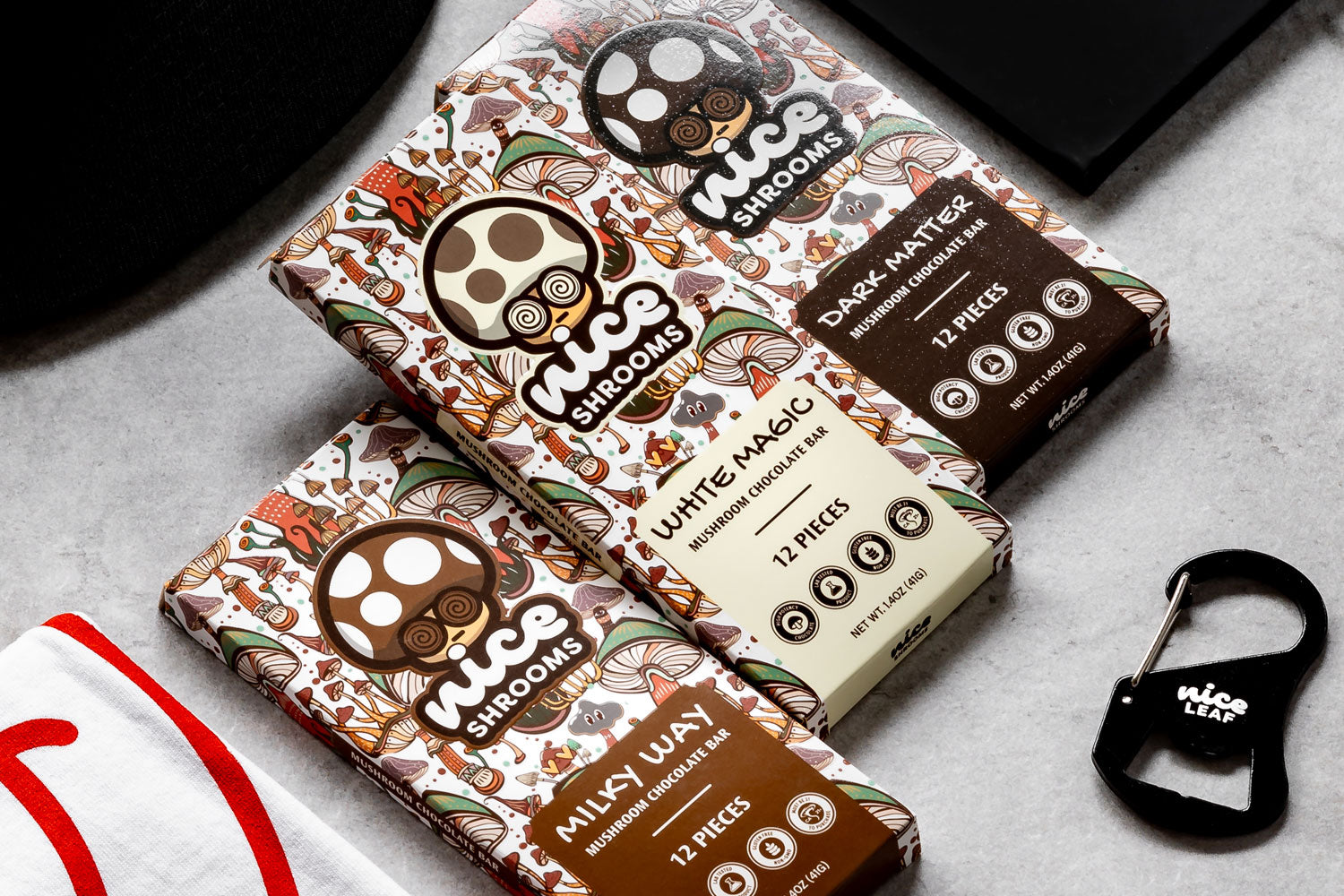 Nice Shrooms chocolate bars displayed on a tabletop