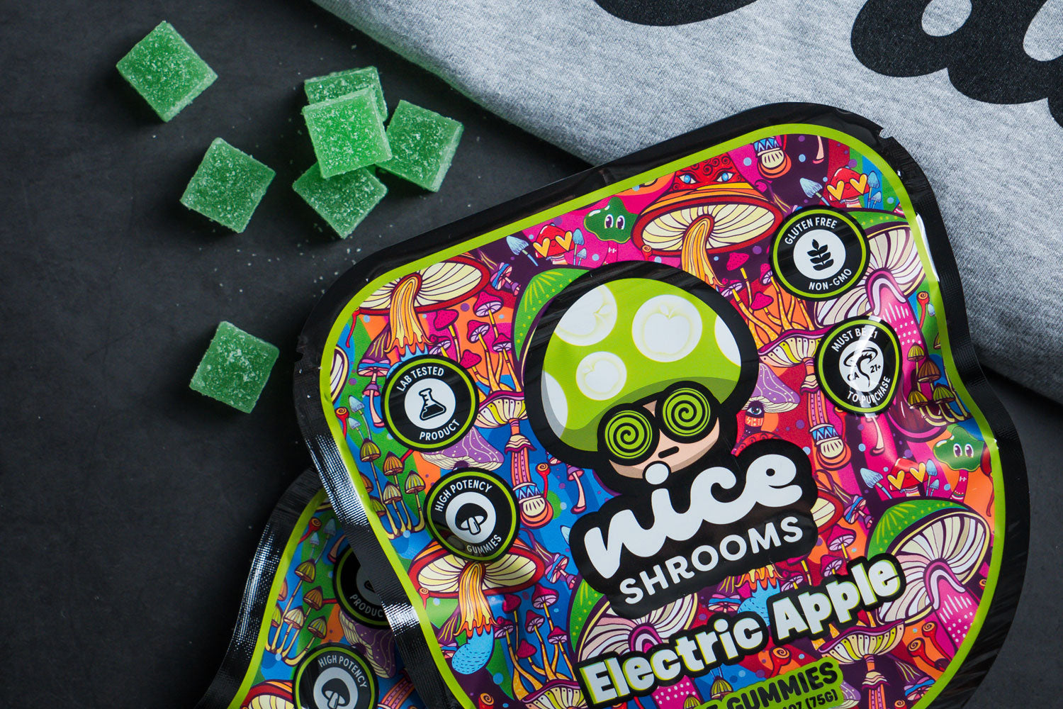 electric apple mushroom gummies with the product out