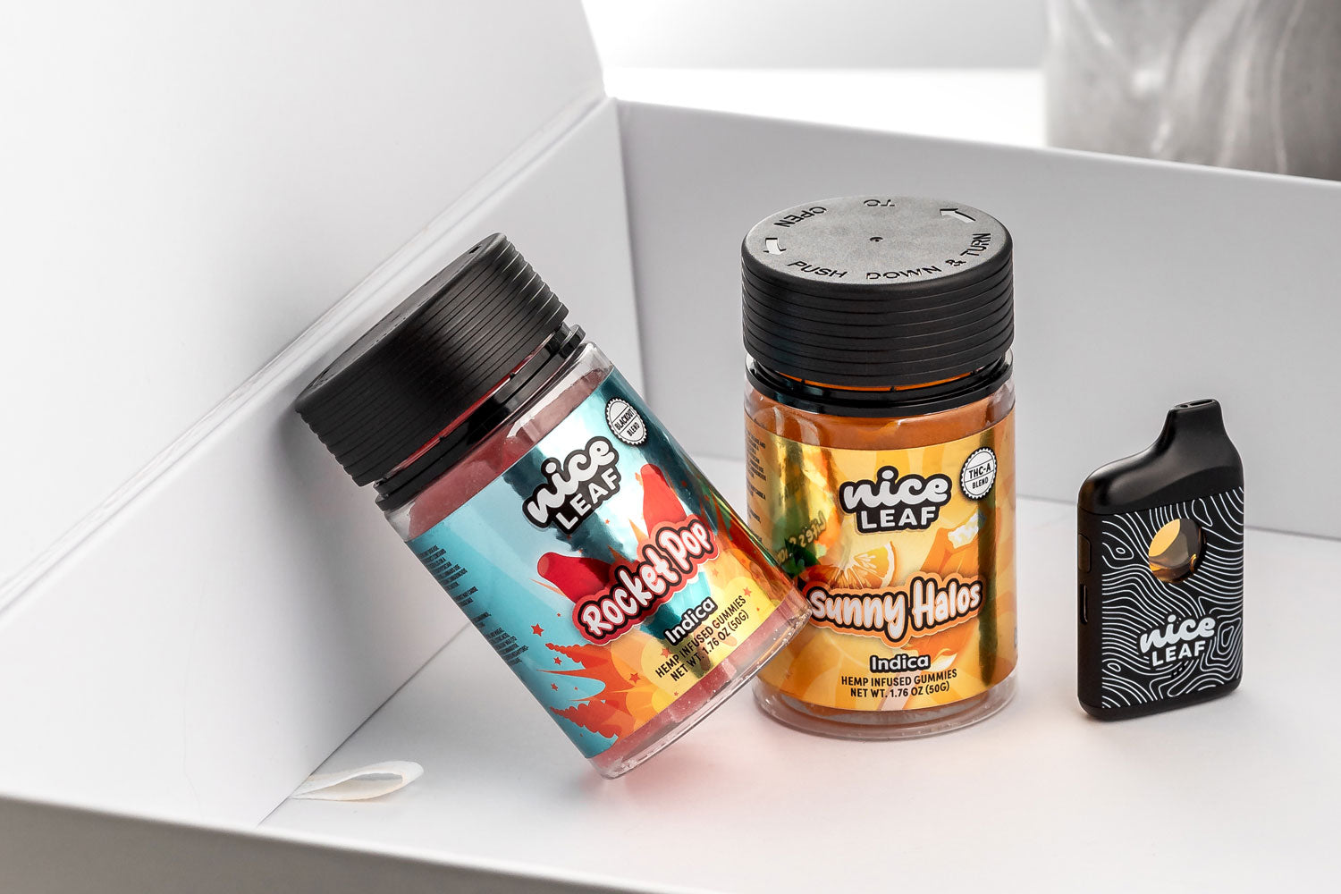 nice leaf gummies displayed in a white box