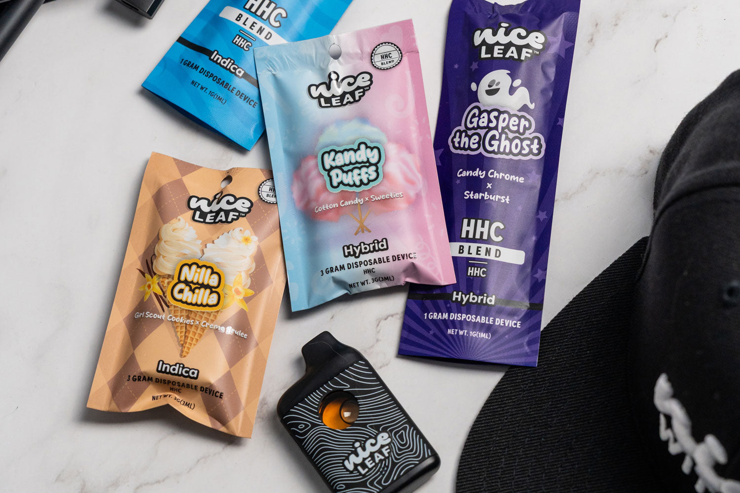 nice leaf's post lemone hhc vape pen displayed on a green backpack