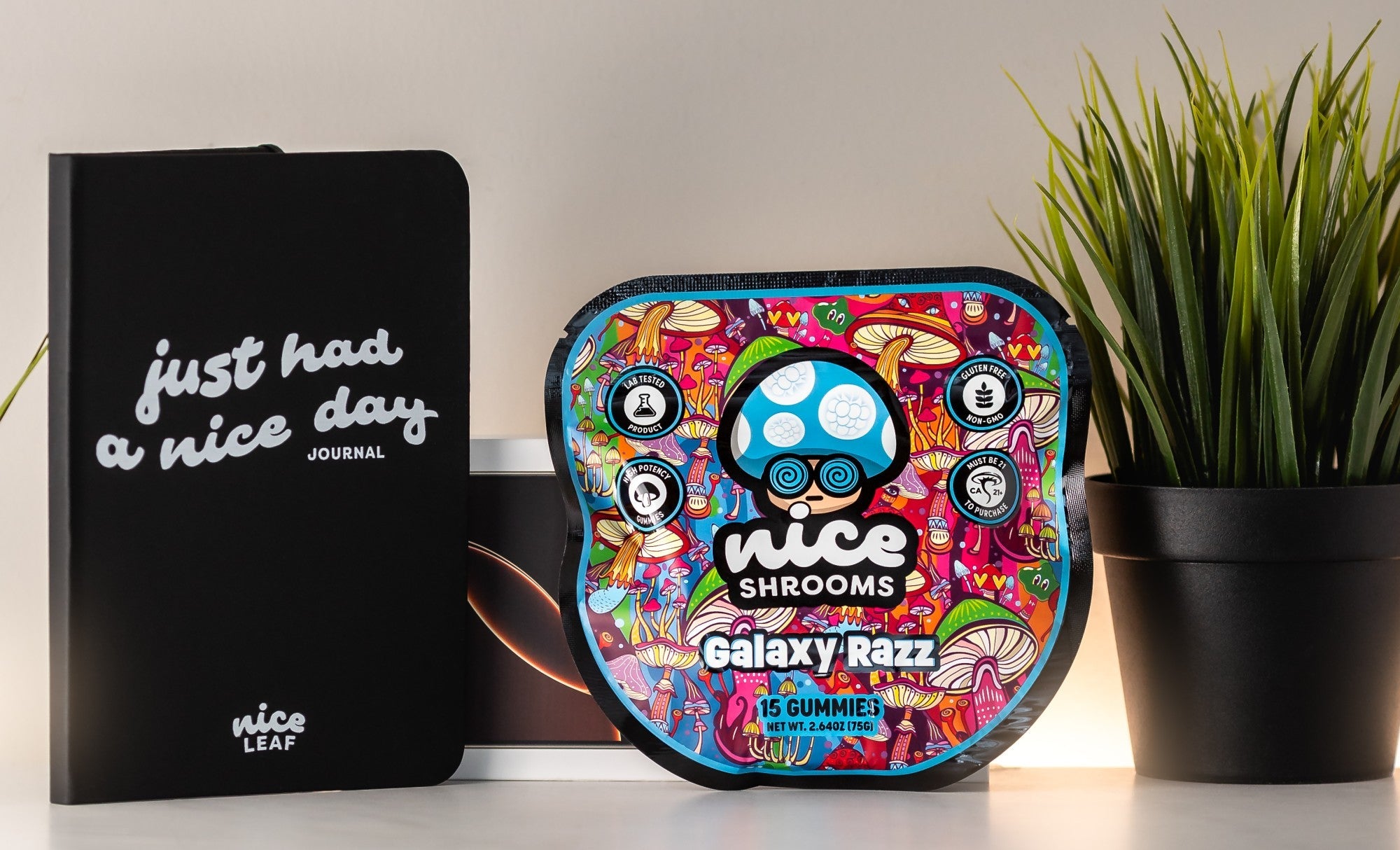 Journal next to pack of Nice Shrooms gummies and plant