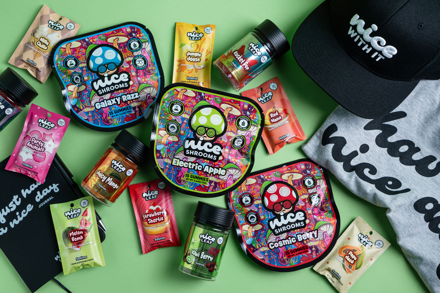 assorted nice leaf and nice shrooms displayed on a green backrground