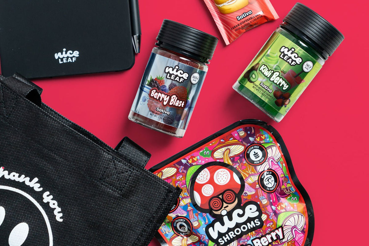 assorted thc gummies and magic mushroom gummies displayed on a red background